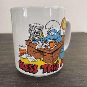 1981 Smurf Coffee Mug Cup BLESS THIS MESS Wallace Berrie Work Job Stress Vintage